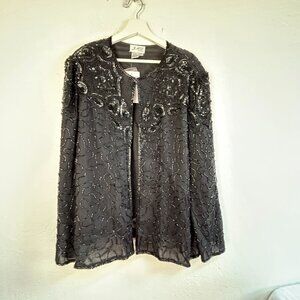 Vintage JMD New York Womens Black Silk Sequin Beaded Evening Jacket Cape XL New